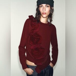 NWOT Zara Burgundy Floral Textured Knit Jumper Sweater with Ruffle Roses Design